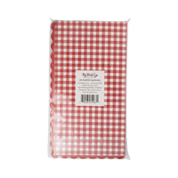 Back of a 24 pack of red gingham scalloped paper dinner napkins in clear packaging