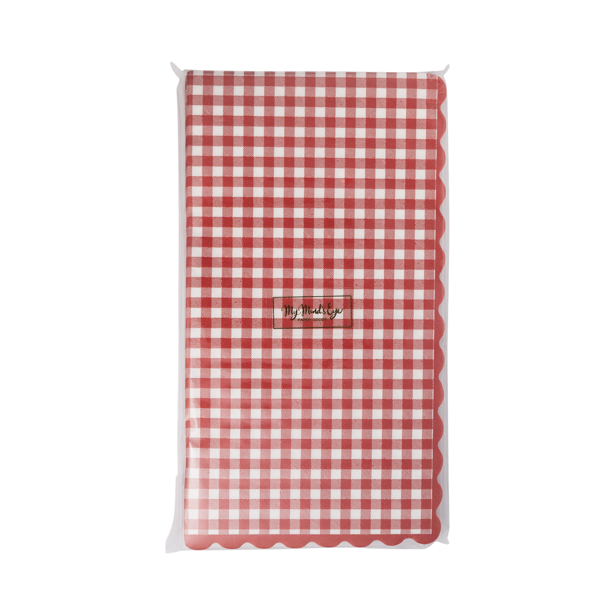 Pack of 24 red gingham scalloped paper dinner napkins in clear packaging, front view