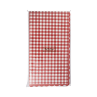 Pack of 24 red gingham scalloped paper dinner napkins in clear packaging, front view
