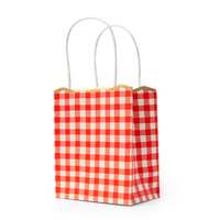 Red gingham paper favor bag with gold scalloped rim and twisted white handles, standing upright
