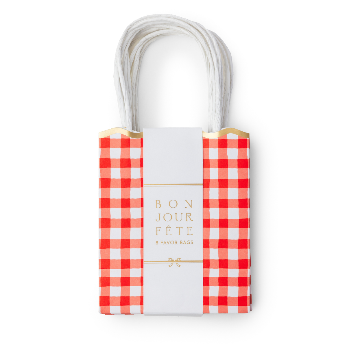 Set of 8 red gingham paper favor bags stacked with a gold foil band reading 8 favor bags