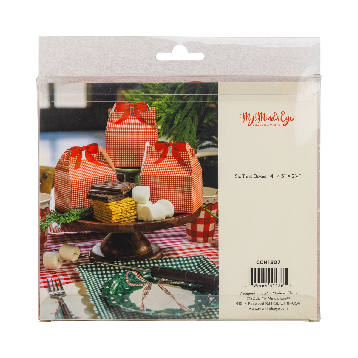 Back of the red gingham treat box packaging with a styled cake-stand photo, size details, and barcode.