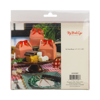 Back of the red gingham treat box packaging with a styled cake-stand photo, size details, and barcode.