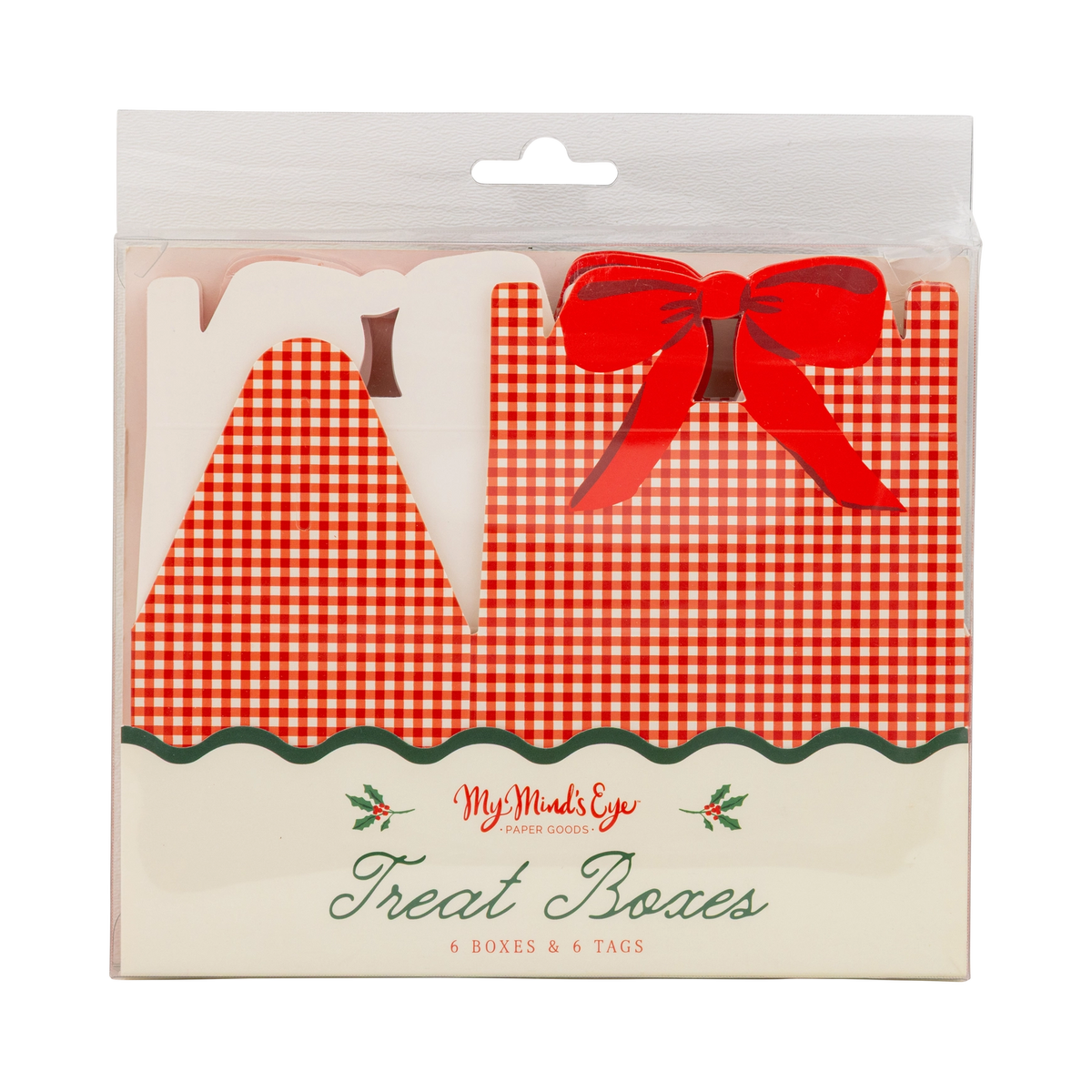 Packaging front for the red gingham treat boxes, showing the gingham pattern and red bow through the window.