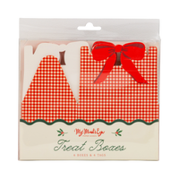 Packaging front for the red gingham treat boxes, showing the gingham pattern and red bow through the window.