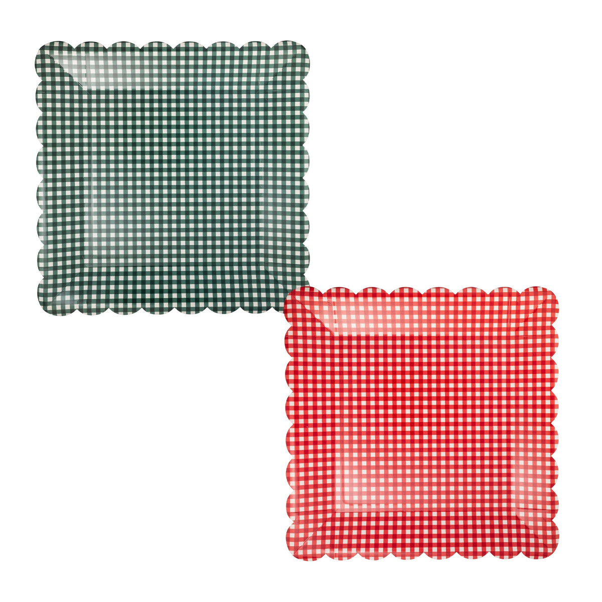 Red and green gingham scalloped dinner plates overlapping on a white background.