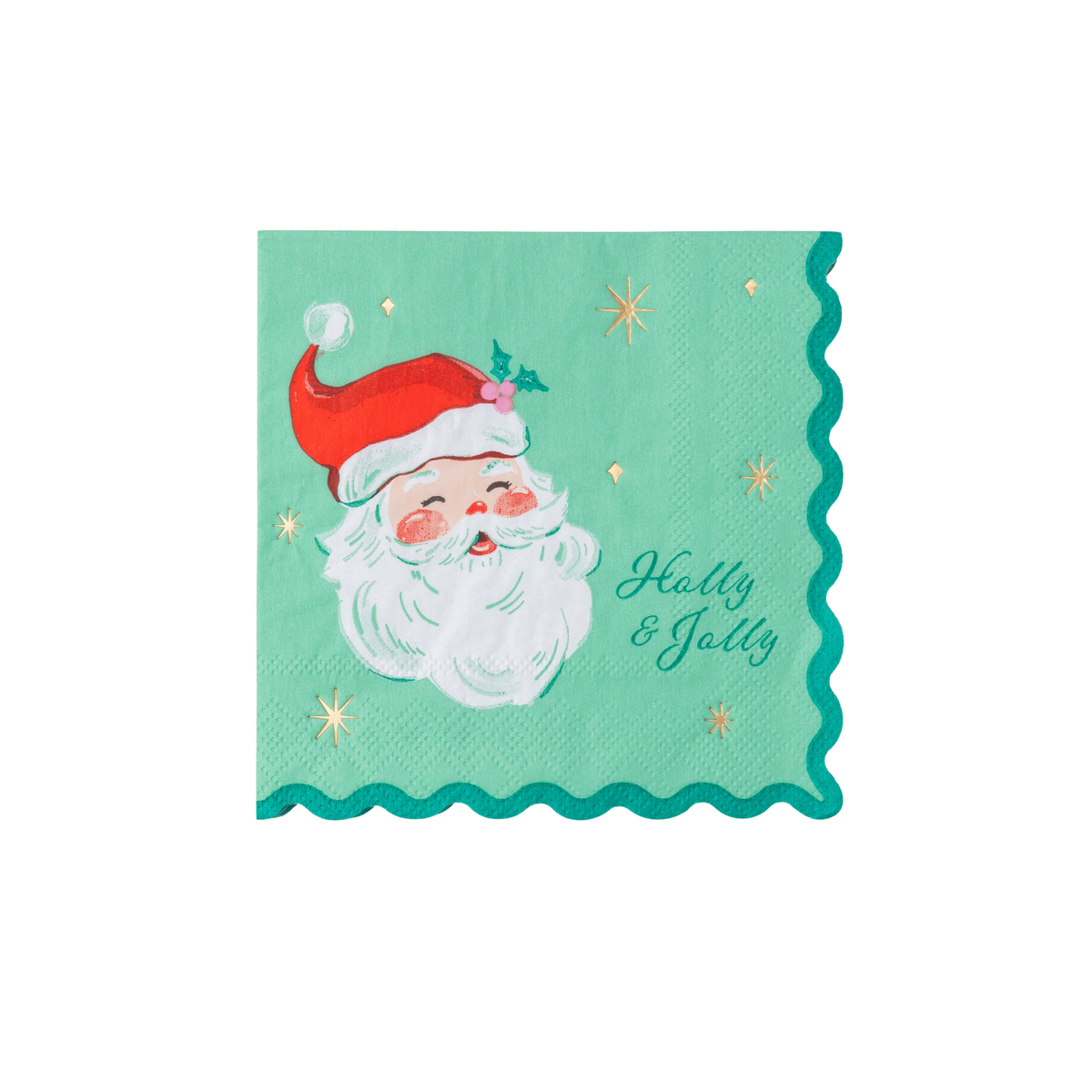 Green Christmas cocktail napkin with a smiling Santa in a red hat, gold "Holly & Jolly" script, gold stars, and a green scalloped edge.