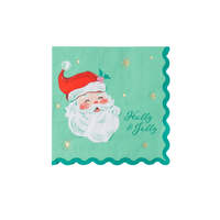 Green Christmas cocktail napkin with a smiling Santa in a red hat, gold "Holly & Jolly" script, gold stars, and a green scalloped edge.