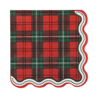 Red and green plaid Christmas cocktail napkin with a dotted scalloped edge