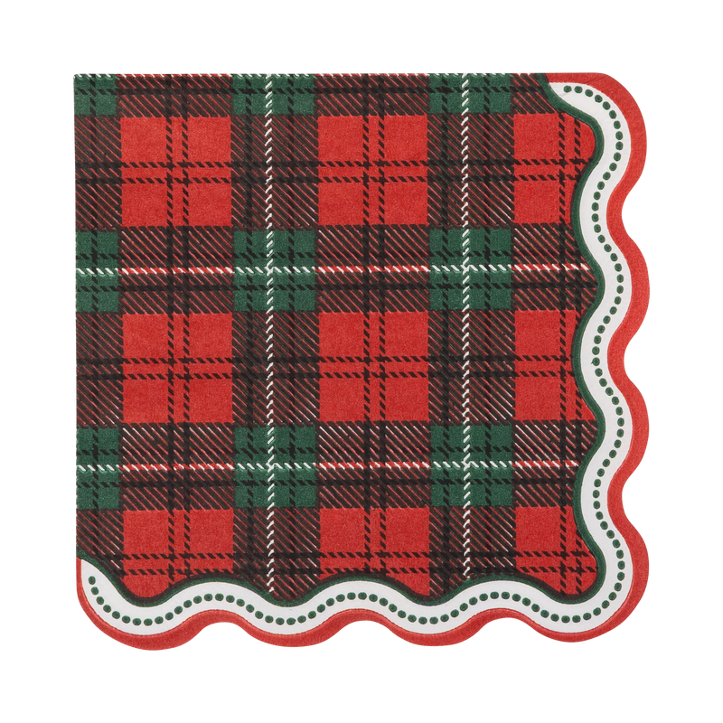 Red and green plaid Christmas cocktail napkin with a dotted scalloped edge