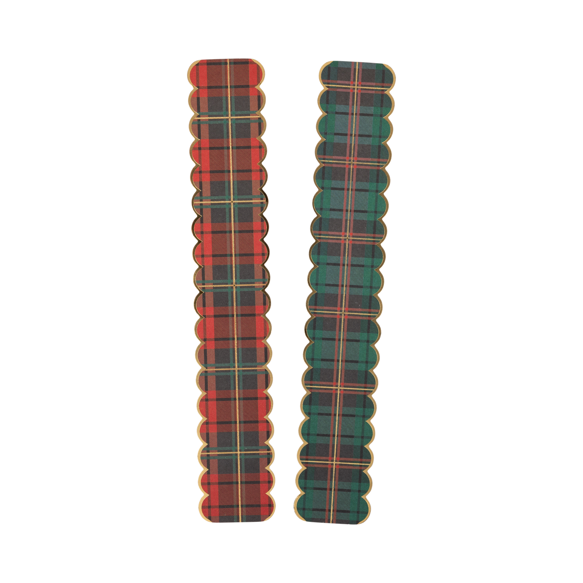 Red and green plaid Christmas paper chain strips shown flat