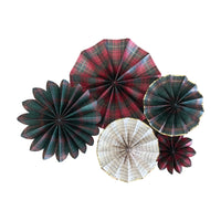 Five red and green plaid and sheet music paper fans shown flat