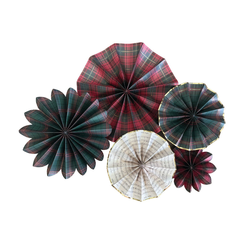 Five red and green plaid and sheet music paper fans shown flat