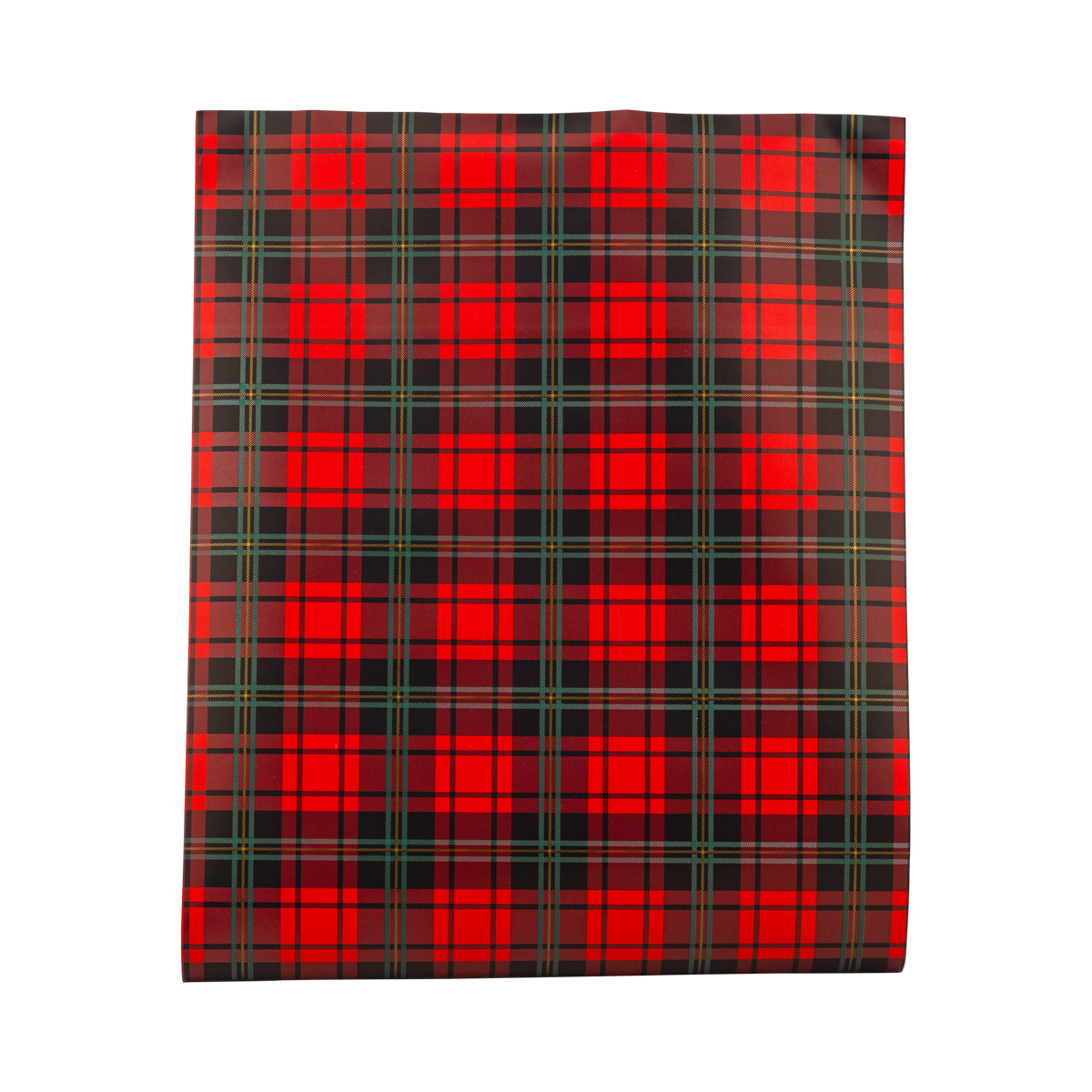 Red, green and gold plaid paper table runner shown flat