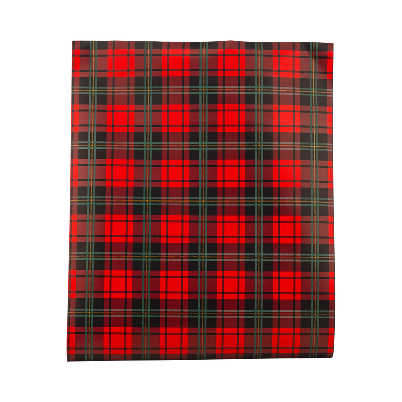 Red, green and gold plaid paper table runner shown flat