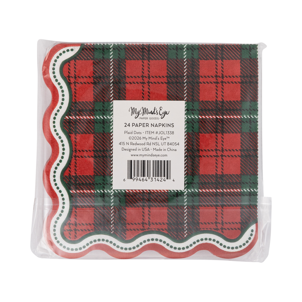 Back of the plaid cocktail napkins packaging showing product details and barcode