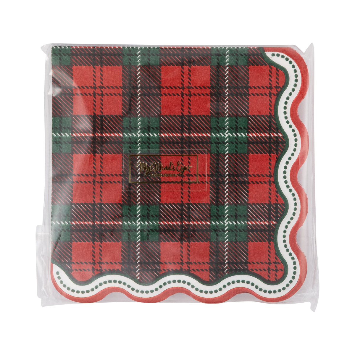 Red and green plaid cocktail napkins in retail packaging