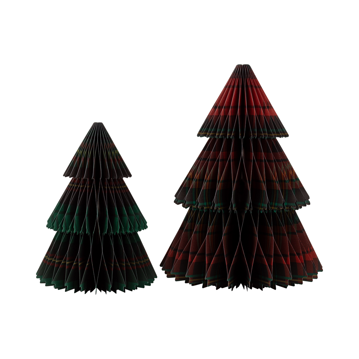 Red and green plaid honeycomb paper Christmas trees in 15 inch and 12 inch sizes