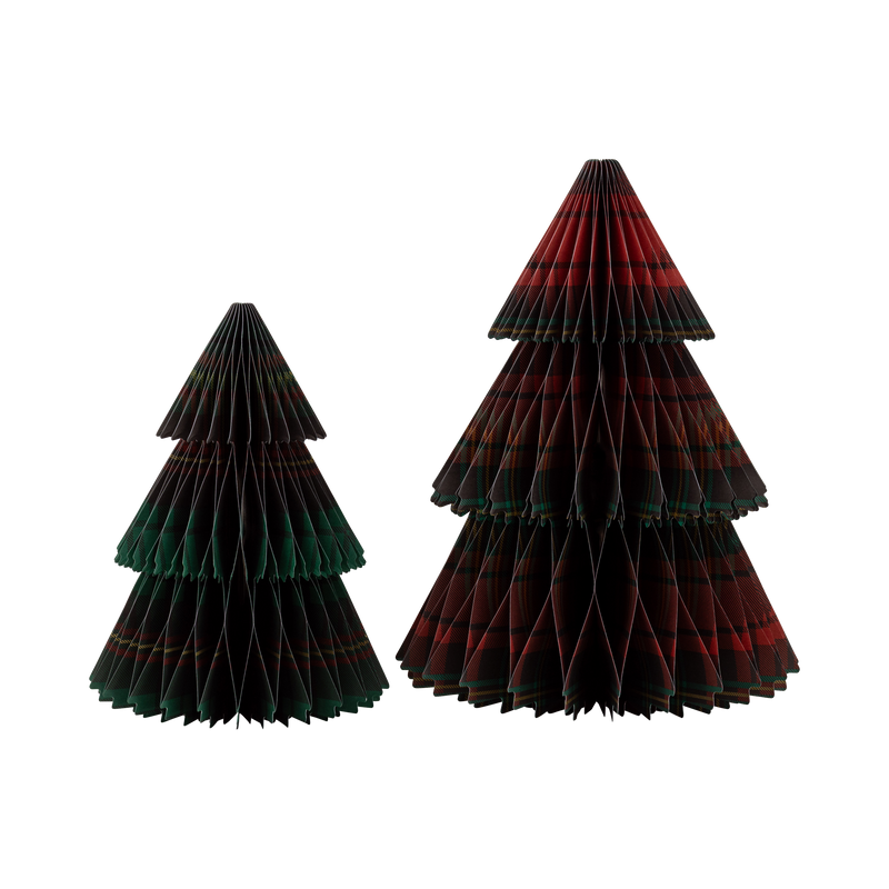 Red and green plaid honeycomb paper Christmas trees in 15 inch and 12 inch sizes