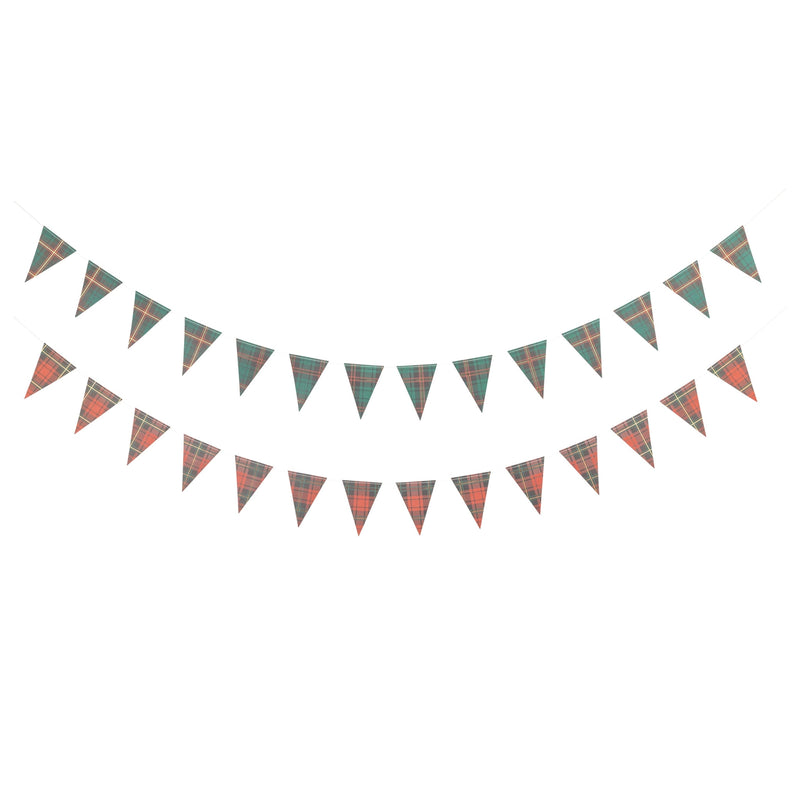 Red plaid and green plaid mini pennant paper banners shown flat