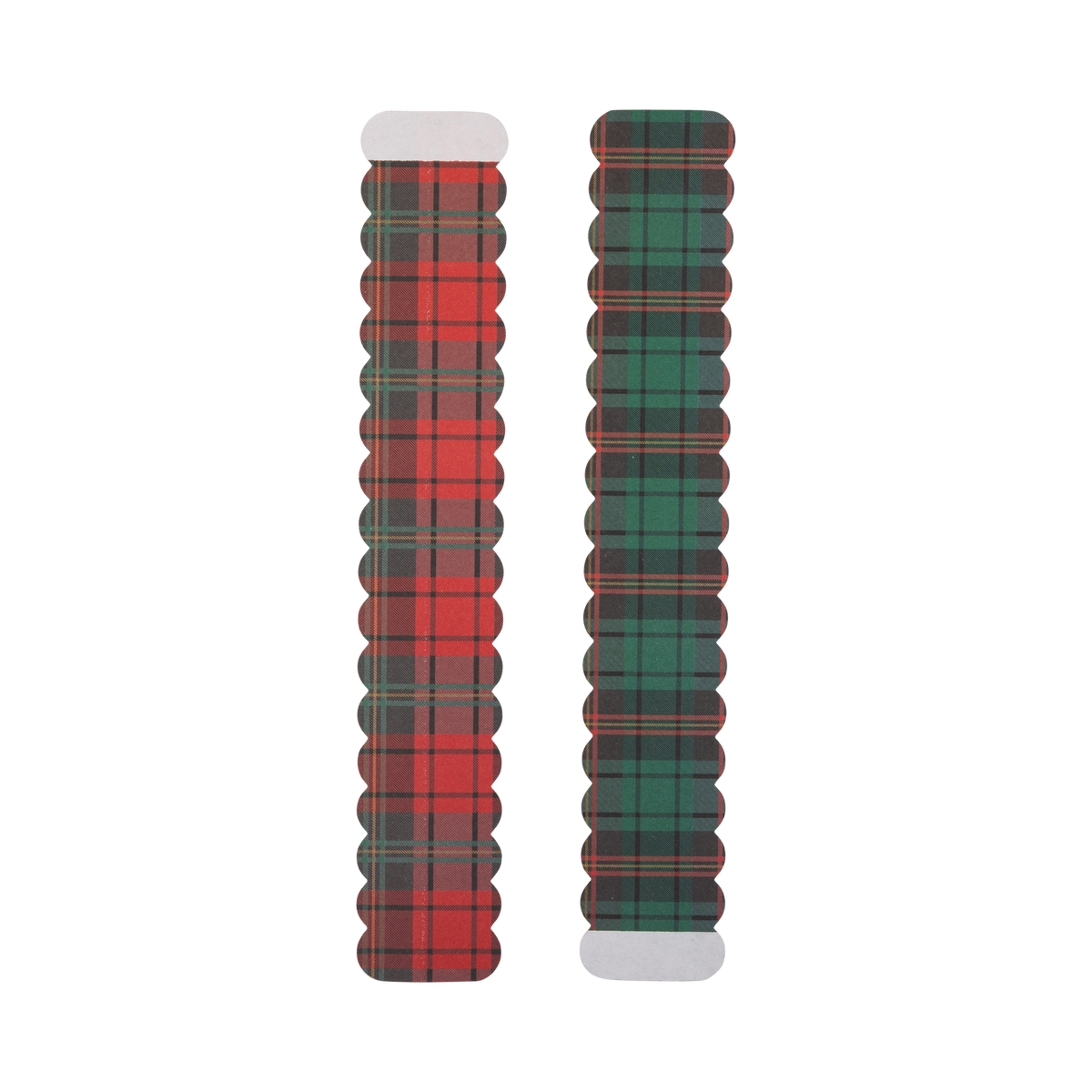Red and green plaid paper chain strips shown flat