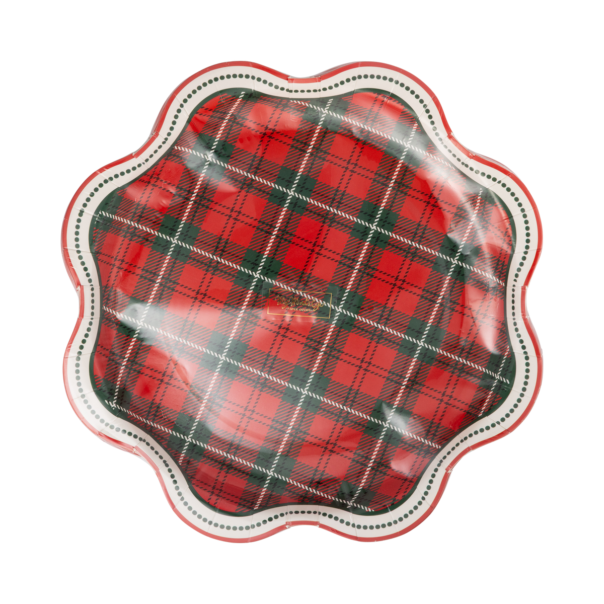 Red and green plaid paper dinner plate shown straight on
