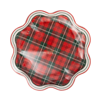 Red and green plaid paper dinner plate shown straight on
