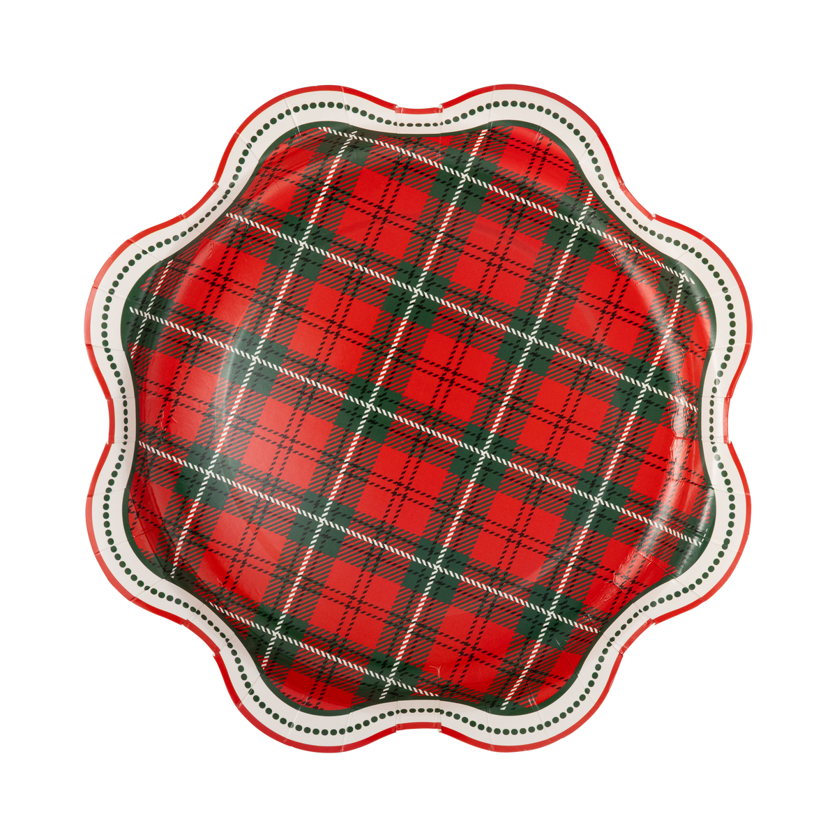 Red and green plaid paper dinner plate with a dotted scalloped edge