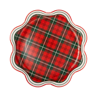 Red and green plaid paper dinner plate with a dotted scalloped edge