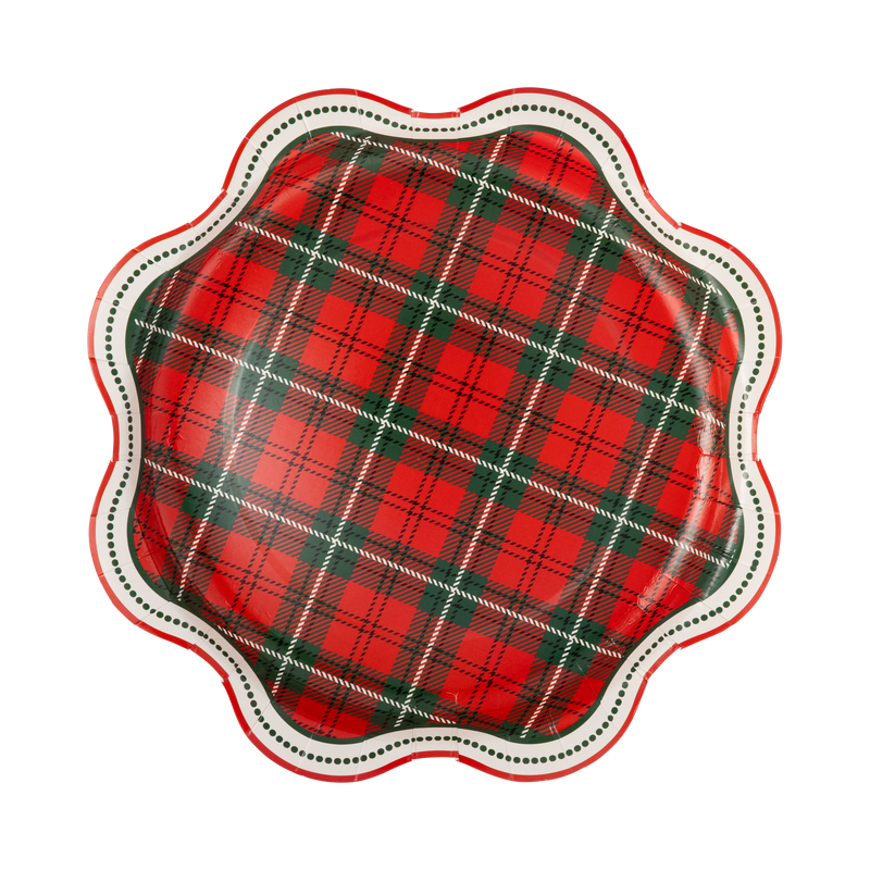 Red and green plaid paper dinner plate with a dotted scalloped edge