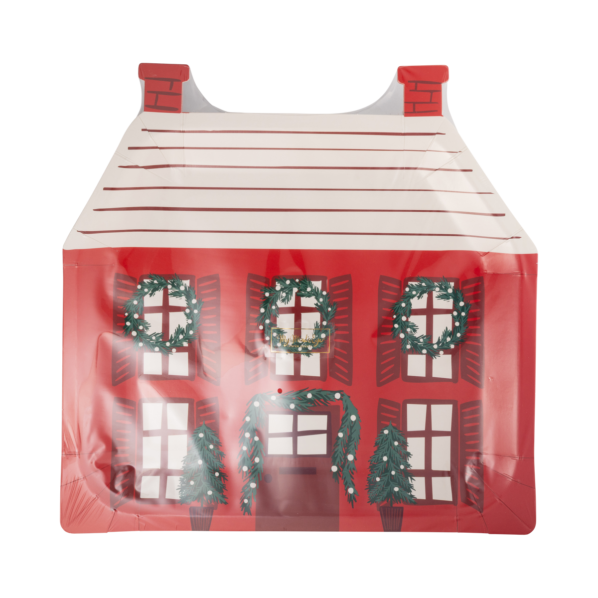 Red house-shaped Christmas paper dinner plate shown straight on
