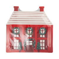 Red house-shaped Christmas paper dinner plate shown straight on