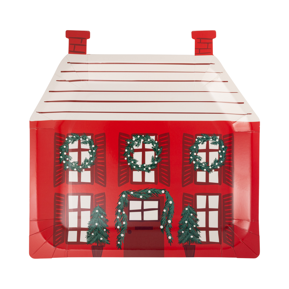 Red house-shaped Christmas paper dinner plate with green and cream accents
