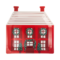 Red house-shaped Christmas paper dinner plate with green and cream accents