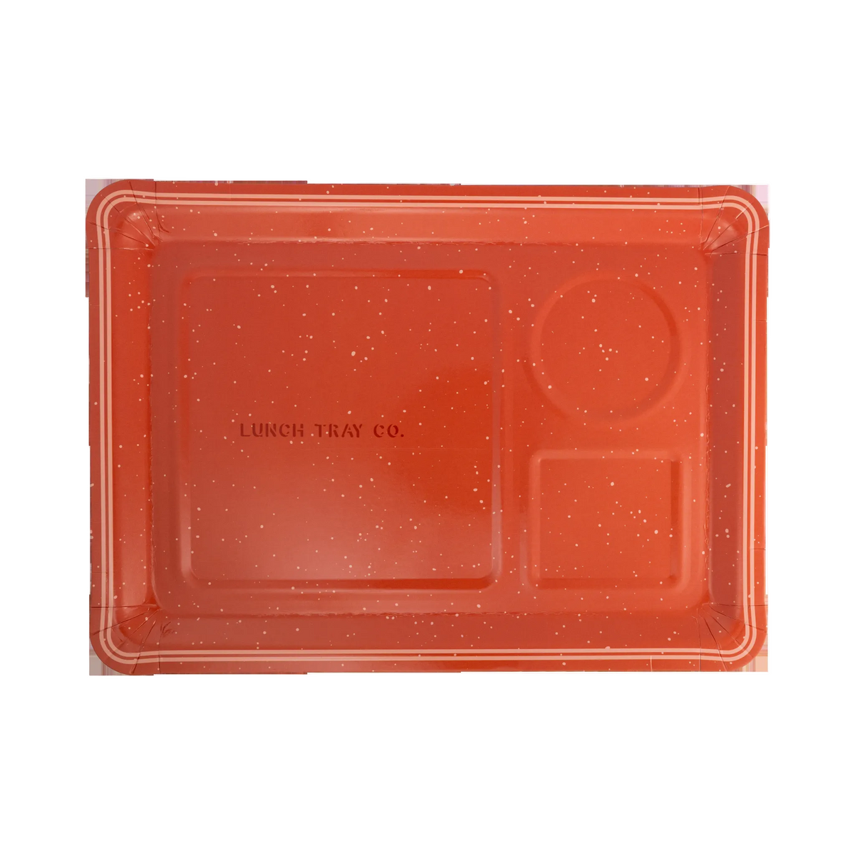 Red speckled lunch tray shaped paper plate with white striped edge and stenciled "Lunch Tray Co." detail