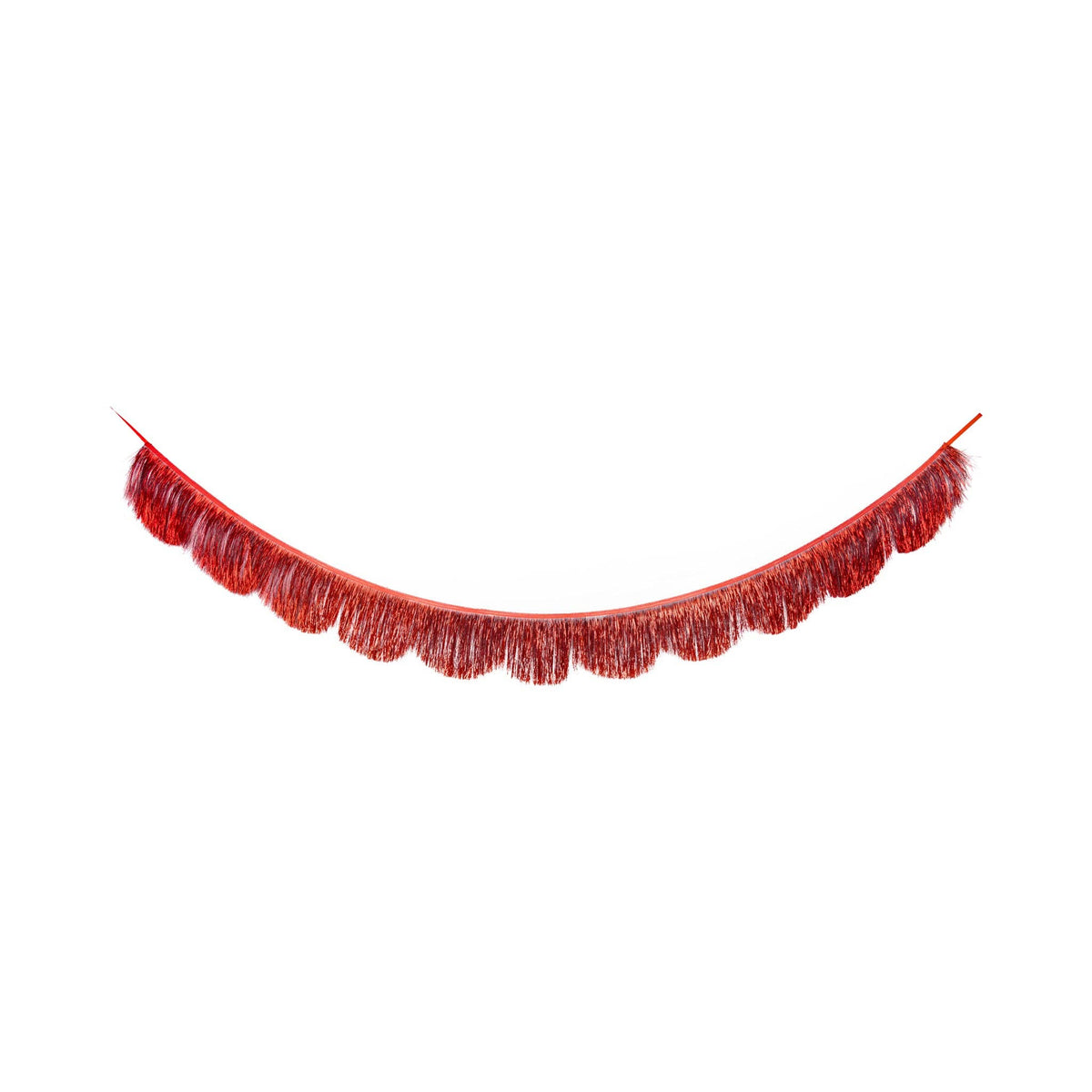 Red metallic mylar fringe banner with scalloped edge hung in a swag against a white background