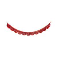 Red metallic mylar fringe banner with scalloped edge hung in a swag against a white background