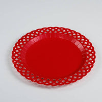 red basketweave dinner paper plate with embossed woven edge detail.