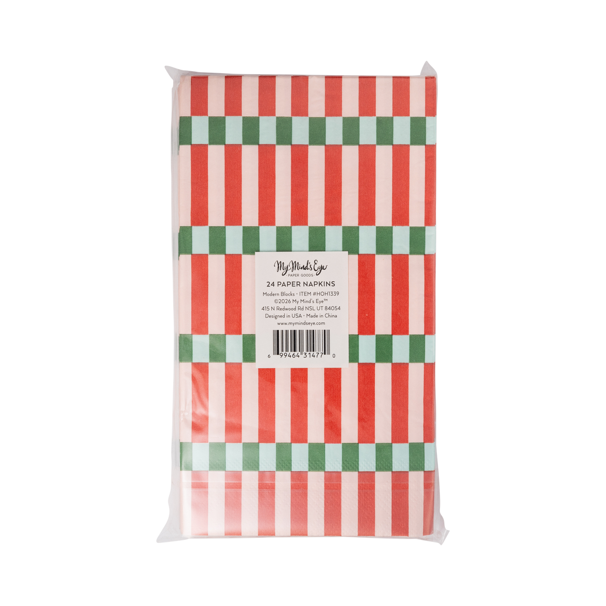 Back of the striped dinner napkins packaging showing product details and barcode