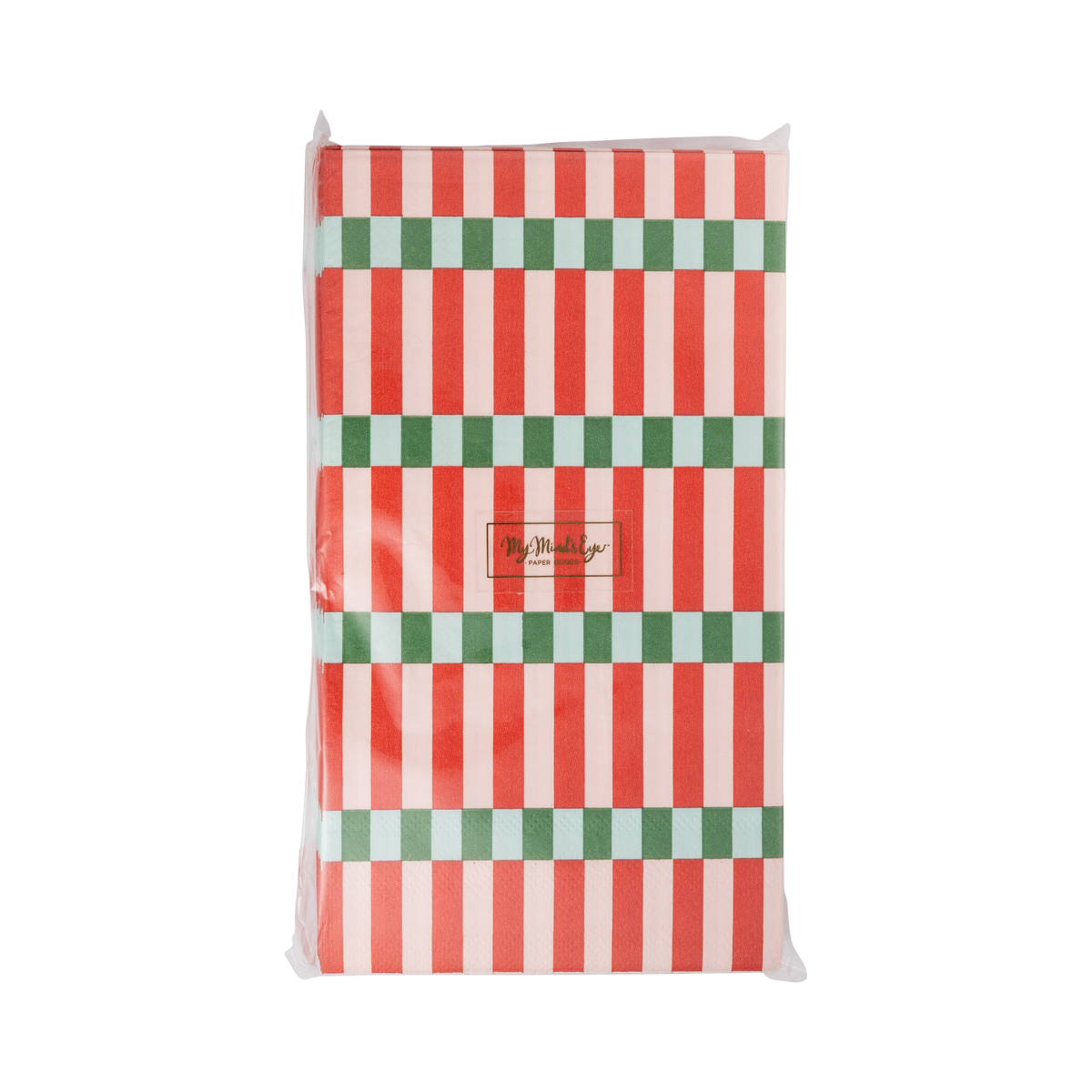 Red, pink and green striped dinner napkins in retail packaging