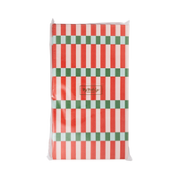 Red, pink and green striped dinner napkins in retail packaging