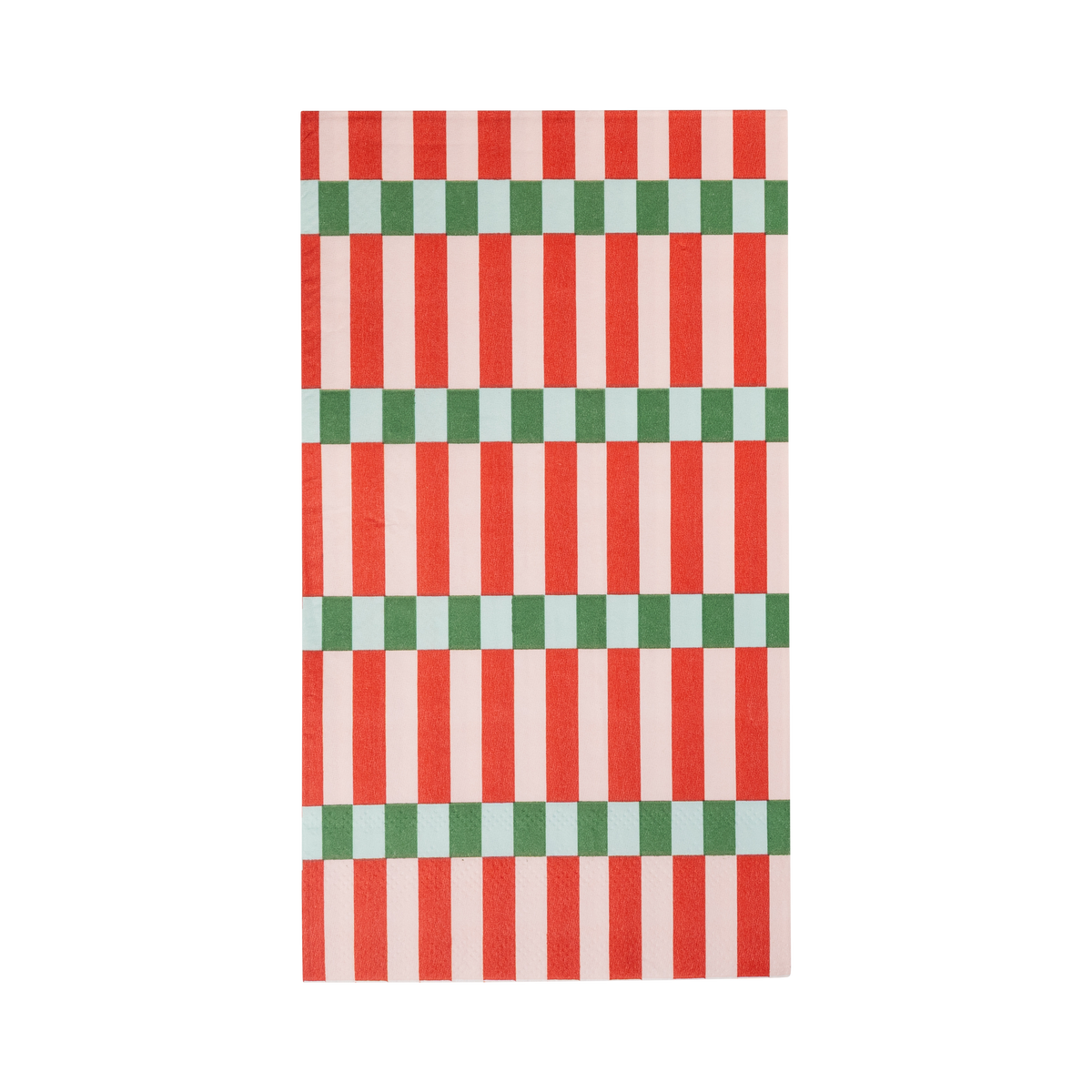 Red, pink and green striped paper dinner napkin in a block pattern