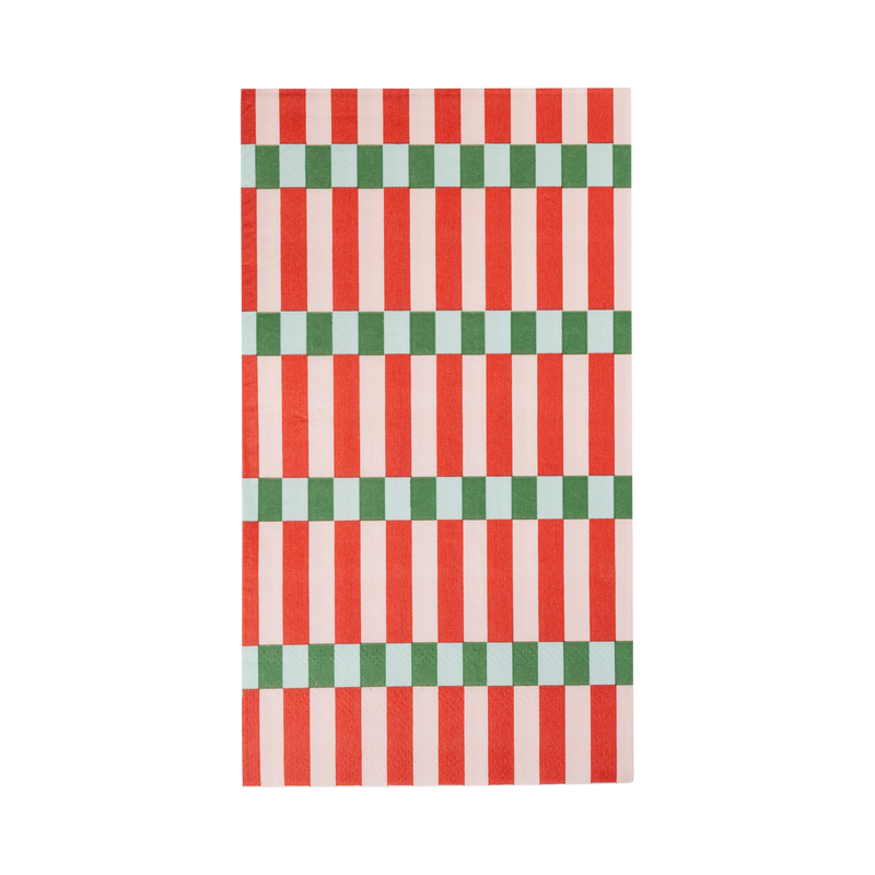 Red, pink and green striped paper dinner napkin in a block pattern