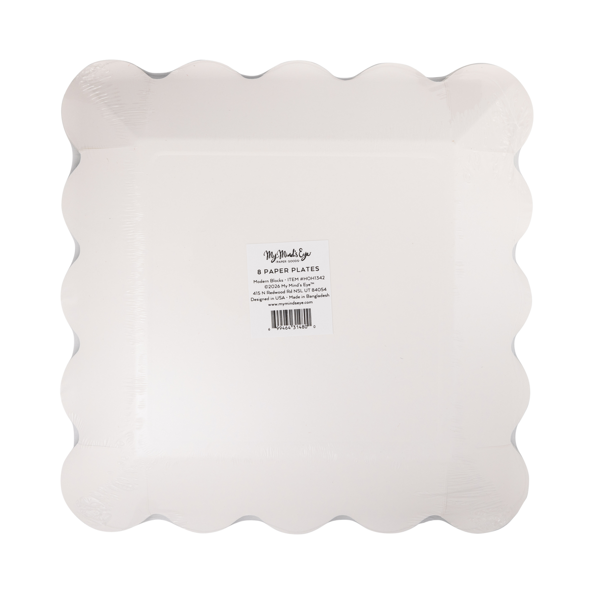 Back of the striped square dinner plates packaging showing product details and barcode