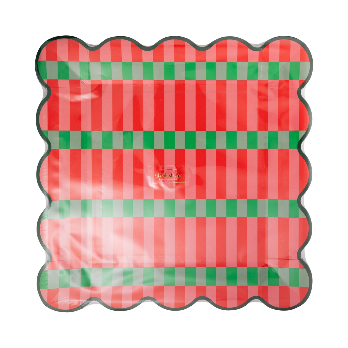 Red, pink and green striped square dinner plate shown straight on