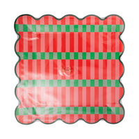 Red, pink and green striped square dinner plate shown straight on