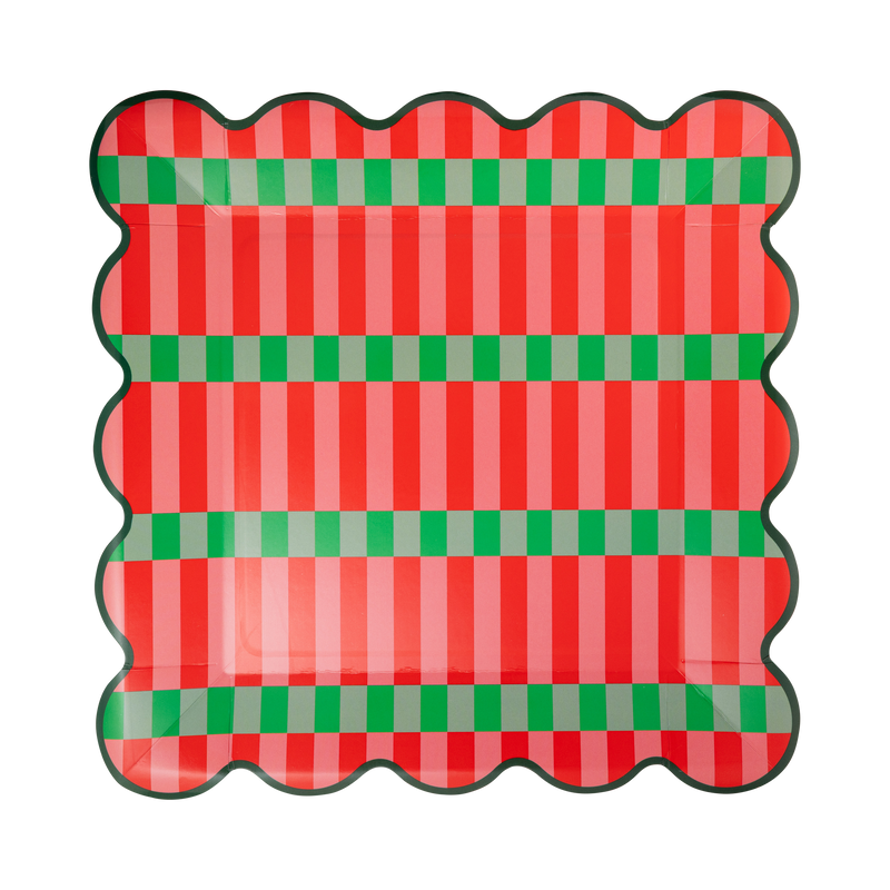 Red, pink and green striped square paper dinner plate with a green wavy edge