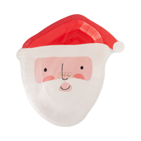 Red and pink Santa-shaped paper plate shown straight on