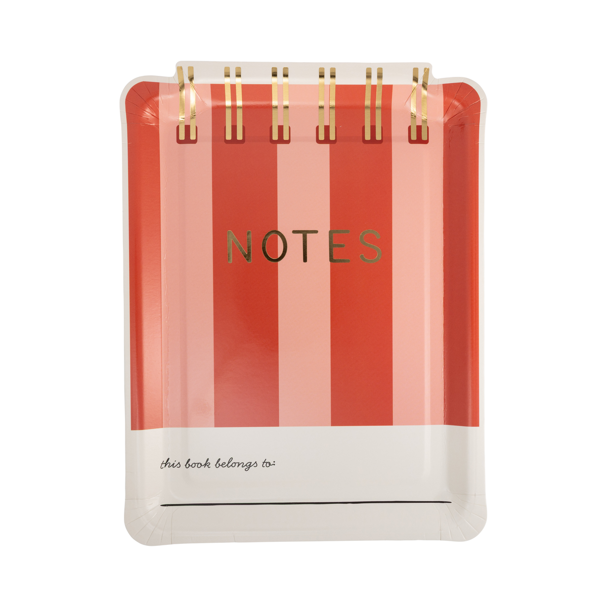 Red and pink striped notebook shaped paper plate with gold foil spiral binding, gold foil "NOTES" title, and "this book belongs to" writing line at bottom
