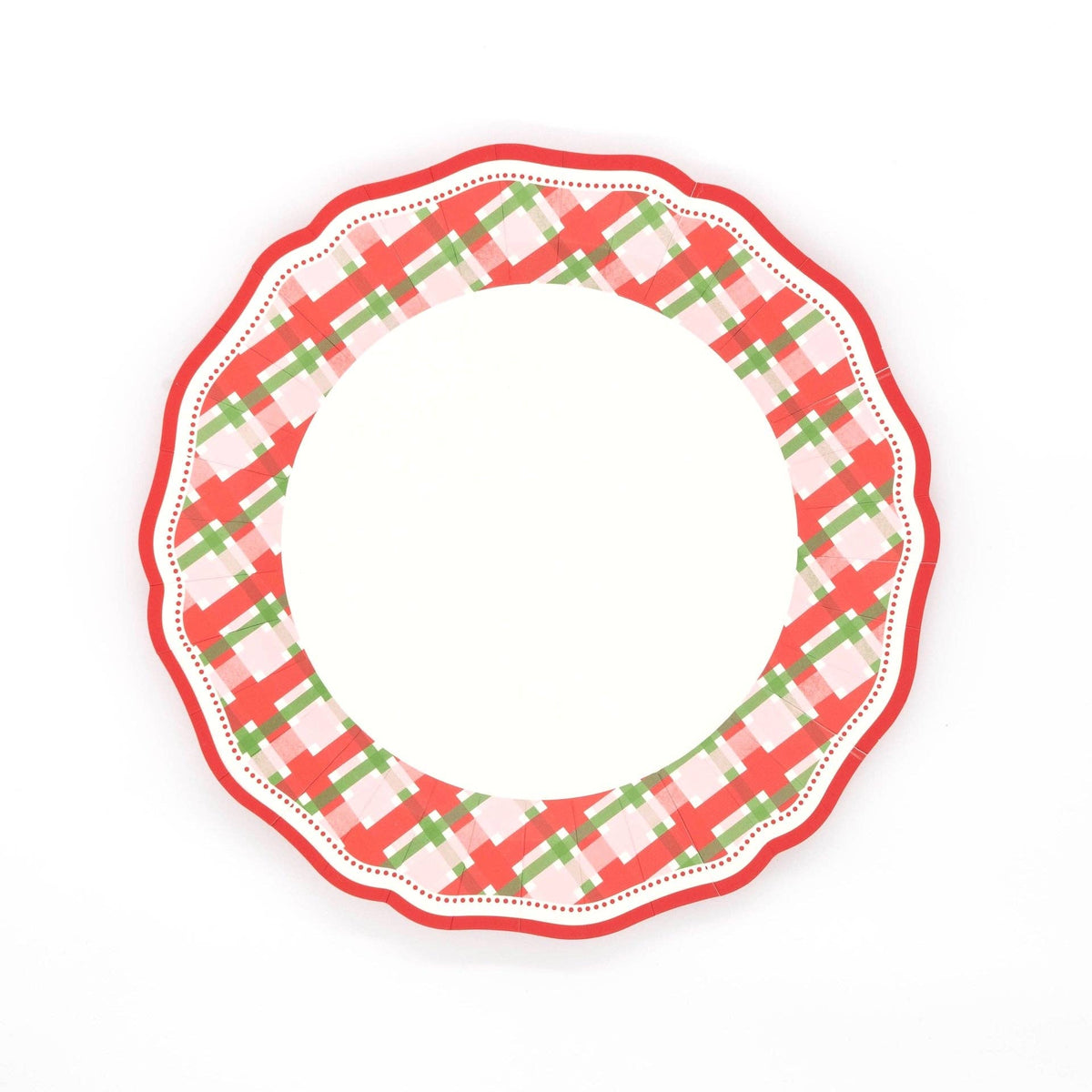 Red, pink, white, and green plaid scalloped dinner plate with a wide white center.